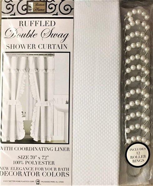Mosaic Double Swag Fabric Shower Curtain with Ring Hooks, 2 Tie Backs - 70 x 72 in.